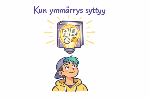 Sarjakuvamainen kuva, jossa henkilö katsoo ylöspäin kohti hehkulampun muotoista symbolia. Lampun sisällä näkyy työelämään liittyviä kuvakkeita, kuten papereita, kellotaulu ja suojakypärä. Yläreunassa on teksti “Kun ymmärrys syttyy”.