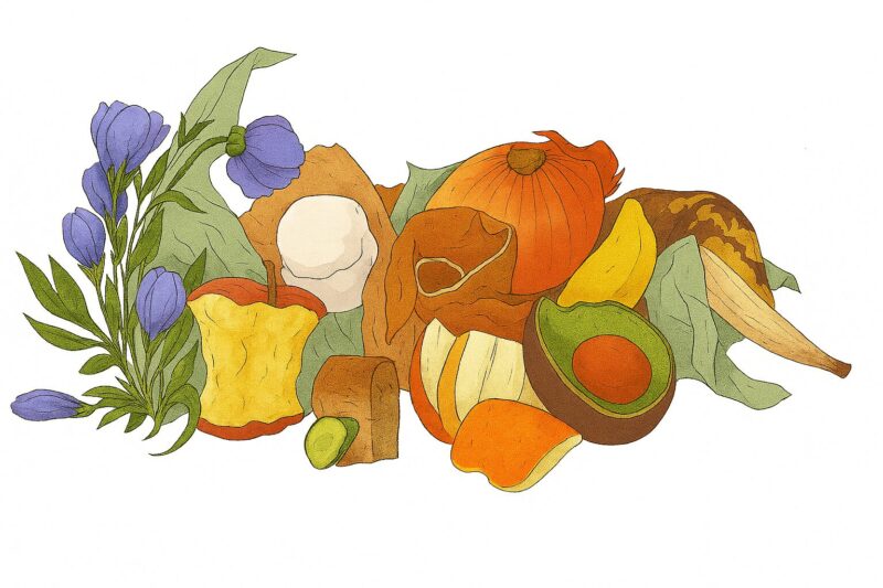 uvituskuva, jossa on kasvien vihreitä lehtiä sekä erilaisia biojätteiksi soveltuvia ruoka-aineita, kuten vihannesten ja hedelmien kuoria, sipuli, avokado, peruna ja leipäpala. Vasemmalla puolella on sinisävyisiä kukkia ja lehtiä.