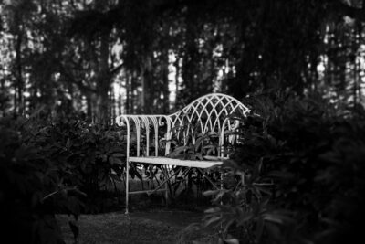 Mustavalkoisessa kuvassa tummaa metsätaustaa vasten näkyy valkoinen koristeellinen puistonpenkki.