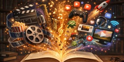 Avoin kirja, josta kohoaa sädehtivä kultainen pilvi täynnä elokuvakelaa, elokuvaklappia, popcornia, mikrofonia, pelikonsolin ohjainta, pikselipeli-hahmoa, älylaitteita, televisiota, kannettavaa tietokonetta, musiikin nuotteja, toisto- ja jakokuvakkeita, wifi- ja keskusteluikoneita sekä raketti, taustalla hämärä kirjahylly.