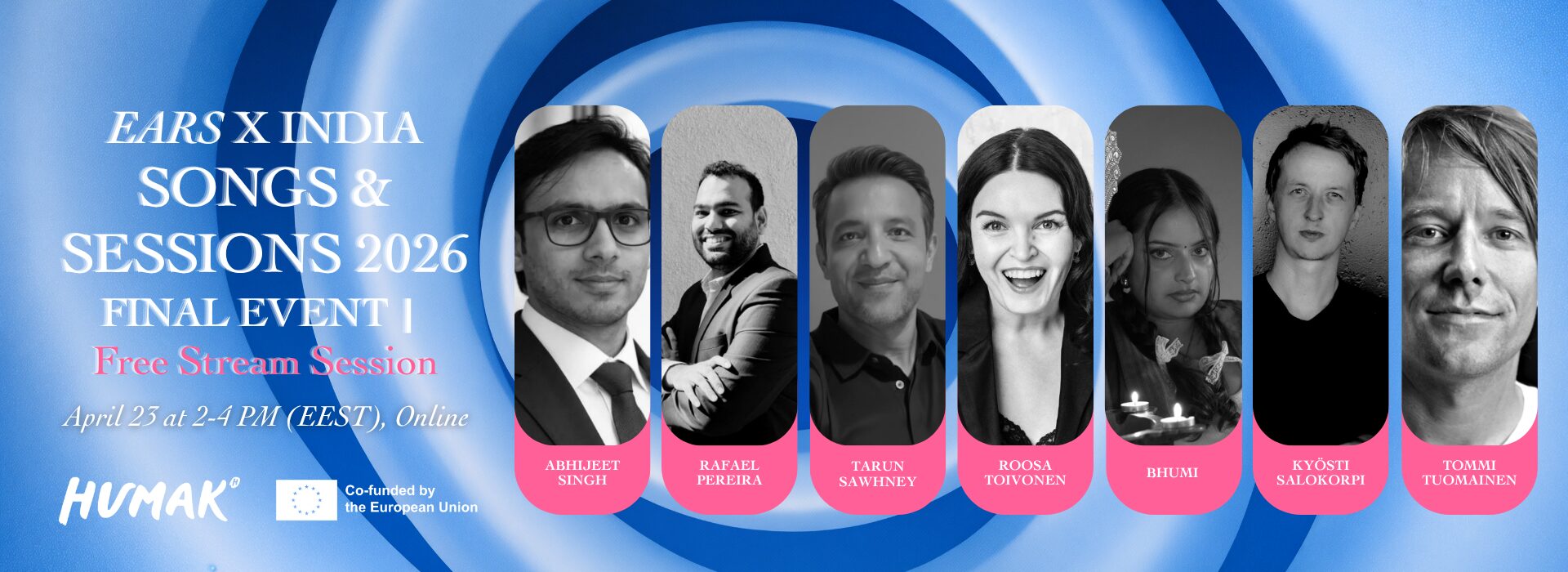 Banner for "Stream Session" (EARS X India Songs & Sessions 2026) with a blue gradient background, event title and date/time text, six rounded-rectangle speaker headshots in a row each with a name tag beneath, and sponsor/organizer logos at the bottom.