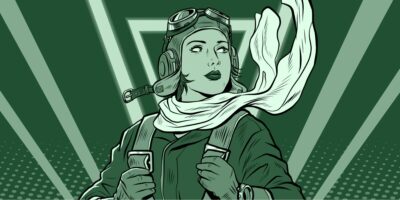 Vihreäsävyinen retrotyylinen piirros naisesta lentäjäkypärässä ja suojalaseissa, huivi liehuu tuulessa ja reppuhihnat näkyvissä, säteittäinen tausta korostaa hahmoa.