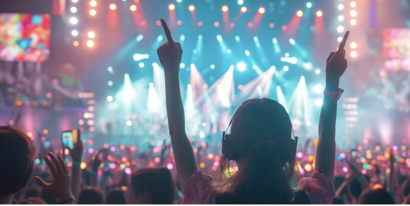 Konserttiyleisö värikkäissä valoissa; etualalla kuulokkeita käyttävä henkilö nostaa kädet ilmaan, taustalla kirkkaat valoefektit ja yleisön valosauvat ja älypuhelimet.