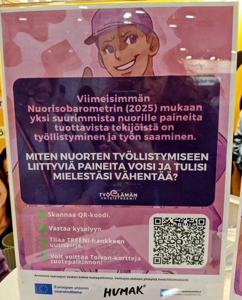 Kuvassa piirroskuva ja tekstiä, jossa Treeni-hankkeen kyselyn mainosteksti, ja sen QR-koodi NUORI2026-päivillä.