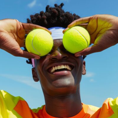 Lähikuva hymyilevästä henkilöstä, joka pitää kahta kirkkaankeltaista tennispalloa silmien edessä; hänellä on kirkkaanvärinen t‑paita ja hikinauha, taustalla selkeä sininen taivas — iloinen, muotifotomainen urheilukuva.