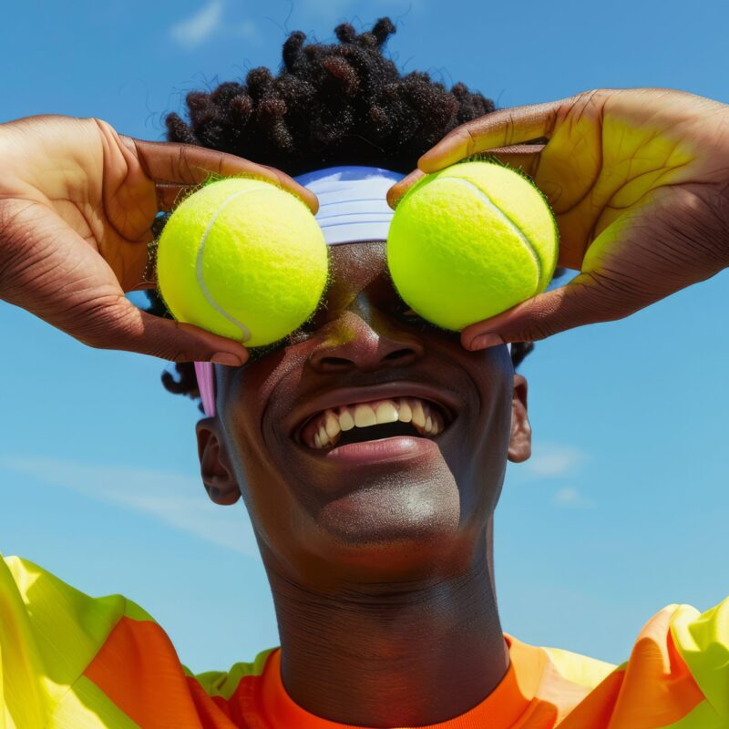 Lähikuva hymyilevästä henkilöstä, joka pitää kahta kirkkaankeltaista tennispalloa silmien edessä; hänellä on kirkkaanvärinen t‑paita ja hikinauha, taustalla selkeä sininen taivas — iloinen, muotifotomainen urheilukuva.
