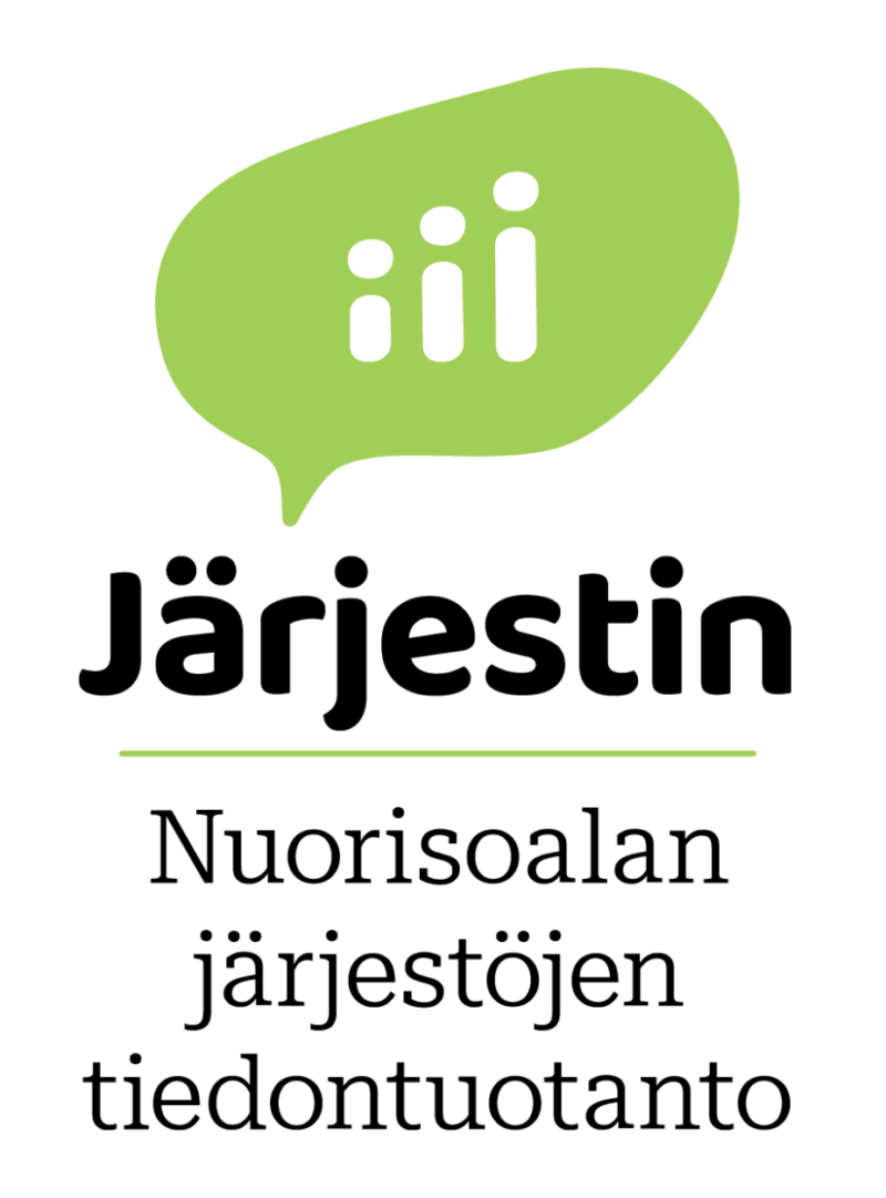 Järjestin-logo: vihreä puhekupla, jossa kolme valkoista pystymerkkiä, alla musta teksti "Järjestin" vihreällä viivalla ja pienemmällä tekstillä "Nuorisoalan järjestöjen tiedontuotanto".