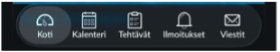 Canvas mobiilisovelluksen ohjepalkki: koti, kalenteri, tehtävät, ilmoitukset ja viestit.