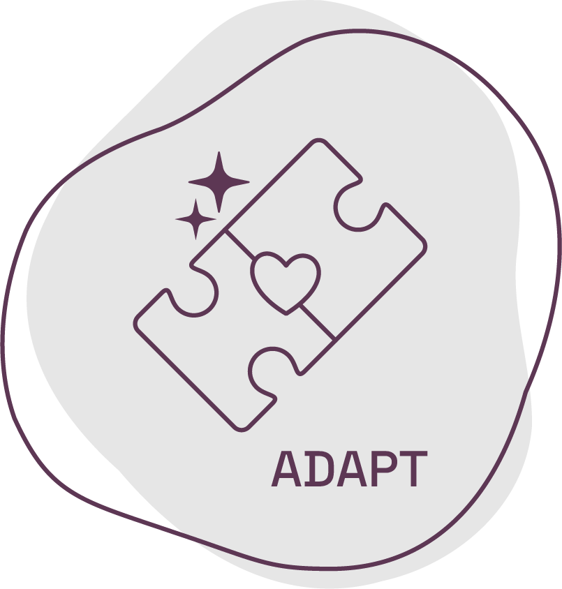 Icon showing two interlocking puzzle pieces forming a rectangle with a heart at their joining point and two sparkle stars nearby, placed on an irregular rounded background with a surrounding wavy outline and the word ADAPT below