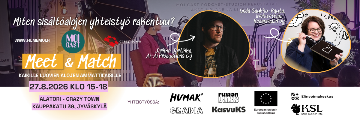 Vaakasuuntainen violetti tapahtumabanneri, otsikkotekstinä "Meet & Match" ja kysymys "Miten sisältöalojen yhteistyö rakentuu?", kolme puhujan pyöreää kasvokuvaa oikealla, alareunassa tapahtuman tiedot 27.8.2026 klo 15–18, paikkatieto ja useiden yhteistyökumppanien logot sekä lyhyt maininta luovien alojen ammattilaisille.