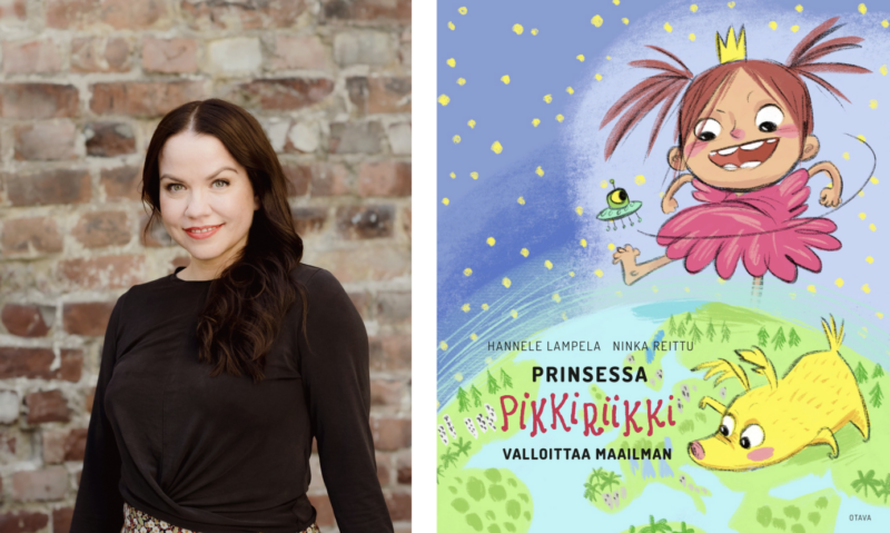 Vasemmanpuoleisessa kuvassa hymyilevä aikuinen nainen tummassa paidassa ja pitkissä tummissa hiuksissa tiiliseinää vasten; oikeanpuoleisessa värikäs kirjankansi, jossa leikittelevä piirrosprinssessa pinkissä mekossa ja kruunussa sekä keltainen lemmikki ja tähtisade ympärillä.