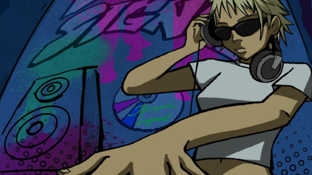 Piirretty nuori DJ aurinkolasit ja kuulokkeet kaulalla, käsi levyllä miksaamassa, taustalla isot kaiuttimet ja neonväreissä hehkuva graffiti, 2000-luvun retroestetiikka