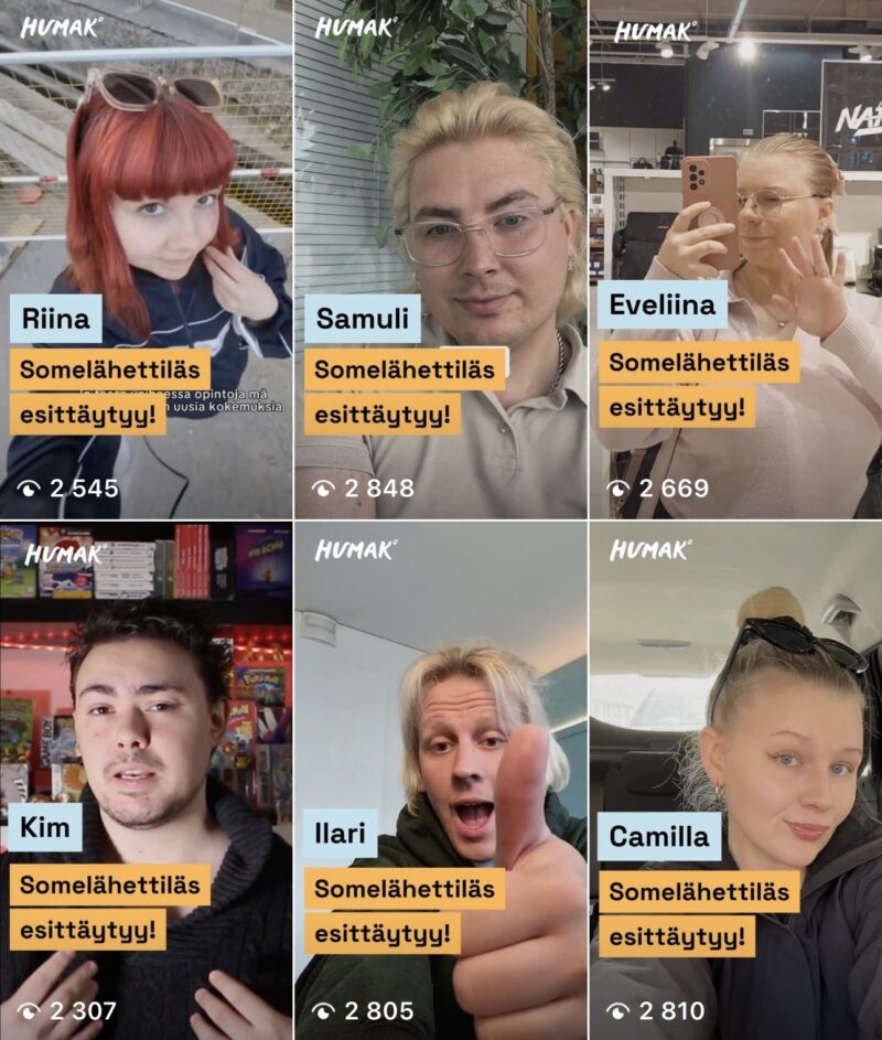 : Näkymä Humakin Instagram-tililtä: kuusi Instagram Reels-videon kansikuvaa, joissa lukee ”Somelähettiläs esittäytyy!” Jokaisessa kansikuvassa on eri somelähettiläs.