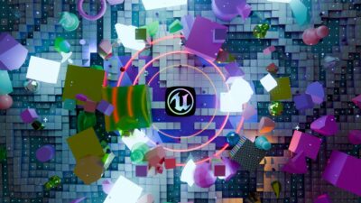 Abstrakti 3D-grafiikka: keskellä Unreal Engine -logo, sen ympärillä värikkäitä leijuvia kuutioita ja pyöreitä muotoja sekä hohtavia neonkaaria futuristisella ruudukkomaisella taustalla.