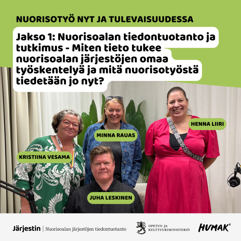 Promokuva neljästä hymyilevästä henkilöstä podcast-tyyppisessä asetelmassa: kolme seisoo taustalla ja yksi istuu edessä mikrofonin vieressä, vihreä tausta ja tekstilaatikko jakson otsikolla sekä järjestöjen logot alareunassa.