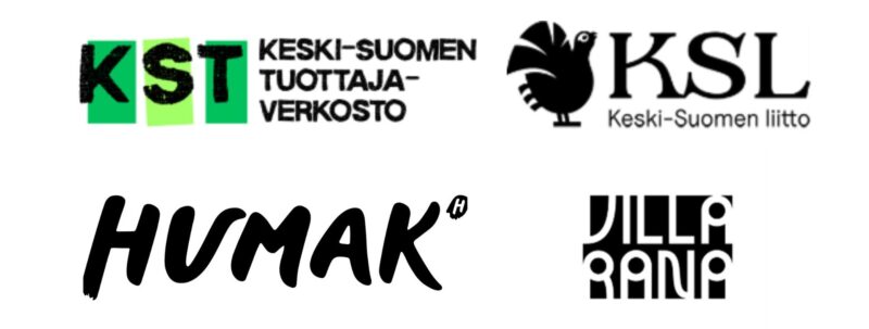 Rivissä organisaatiologot: ylhäällä vasemmalla vihreä-musta "KST" ja teksti "Keski‑Suomen tuottajaverkosto", ylhäällä oikealla musta "KSL" lintuikonilla ja teksti "Keski‑Suomen liitto", alhaalla vasemmalla käsinkirjoitustyyppinen "HUMAK"-logo ja alhaalla oikealla tyylitelty "Dilla Rana" -logo.