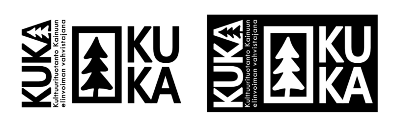 Kaksi mustavalkoista KUKA-logon versiota vierekkäin: molemmissa tyylitelty kuusikuvake ja KUKA-teksti, toinen tumma taustalla ja toinen vaalea taustalla.