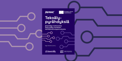 Violetti vaakakuva, keskellä tummavioletti julkaisun kansi, jossa teksti "Tekoälypyrähdyksiä — Järjestöjen kokemuksia SaavutaÄly-hankkeen kehittämiskumppanuuksista" ja pienet rahoittaja- ja organisaatiologot ylä- ja alareunassa; taustalla vaaleamman violetteja piirilevykuvioita ja pyöreitä muotoja.